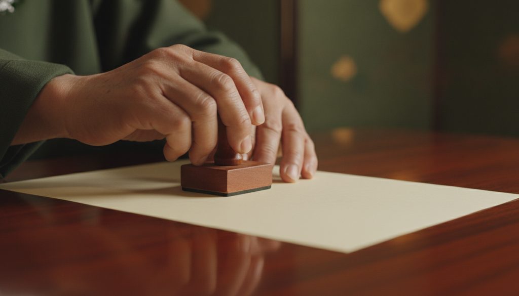 落ち着いた木目の机で書類に印紙を貼る手元