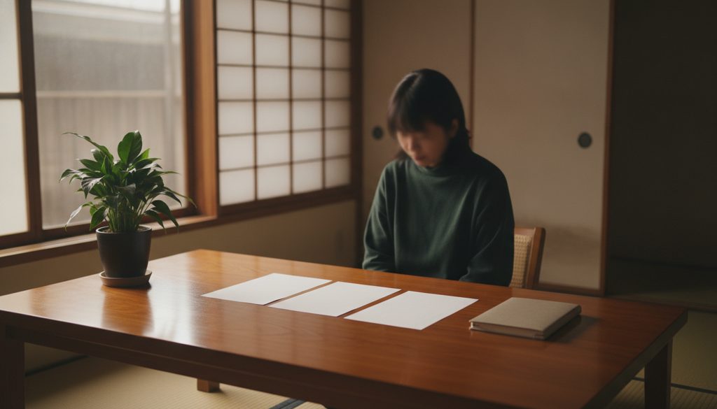 和室の机で思案する人物の後ろ姿