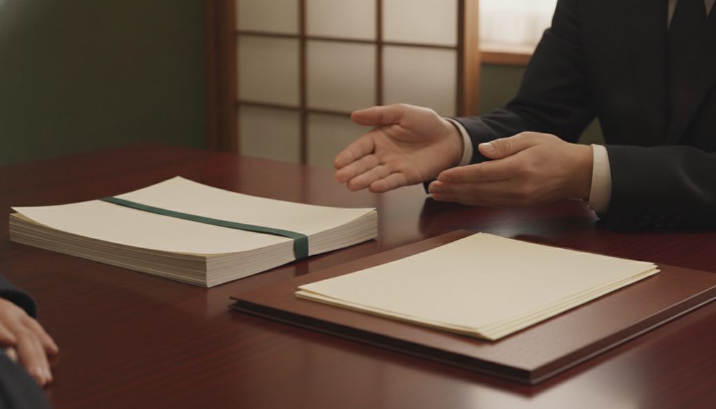 司法書士が机上の書類の種類を指し示す様子