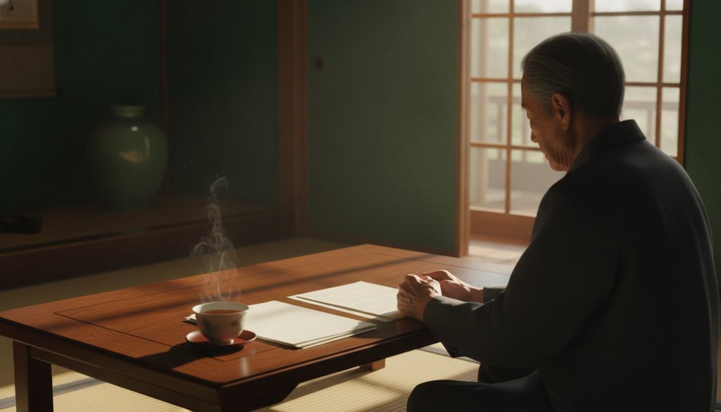 伝統的な部屋で書類と向かい合う後ろ姿