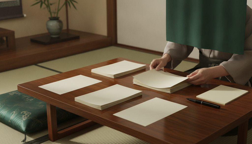落ち着いた書斎の木製デスクで、複数の重要書類を広げ、手元で確認する人の姿。