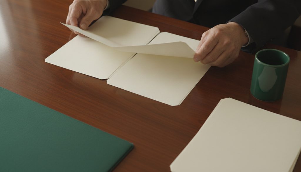 丁寧に書類を整理する手元と机