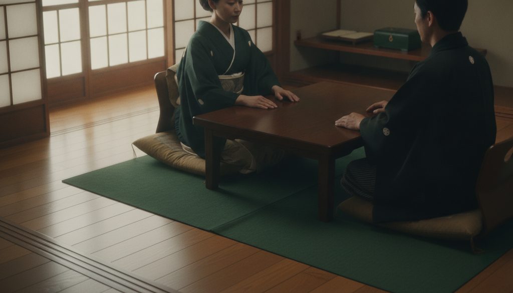 和室で向かい合う家族の後ろ姿