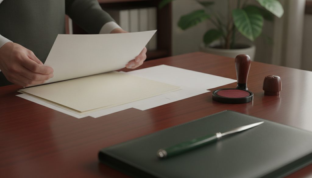 木製の机で複数の書類を整理する手元