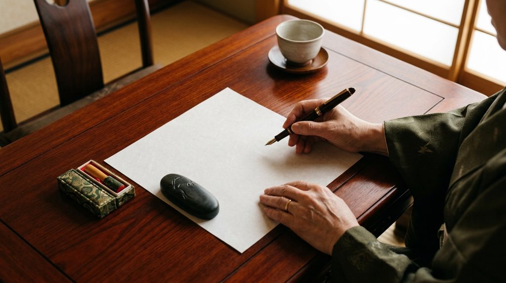 漆塗りの机で、書類と筆記用具を扱う手元。