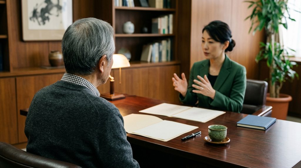 専門家の机で相談する人の後ろ姿と手元