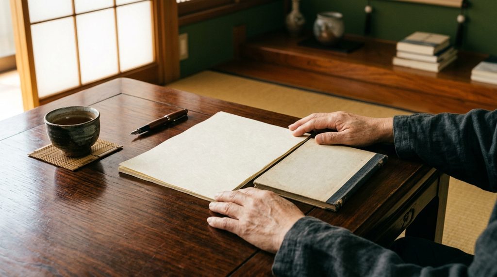 書斎の机に広げられた複数の書類と、手を添えて思案する人物。