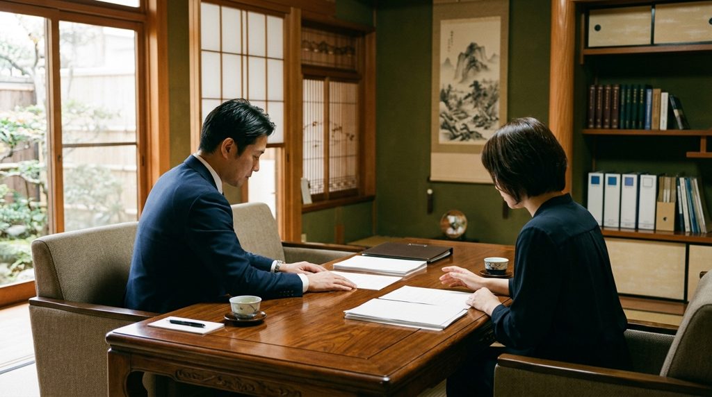司法書士事務所の木製テーブルで相談する男女