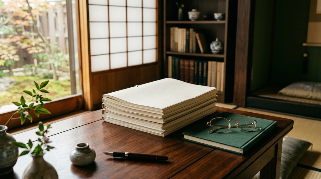 和室の木の机に置かれた書類と老眼鏡