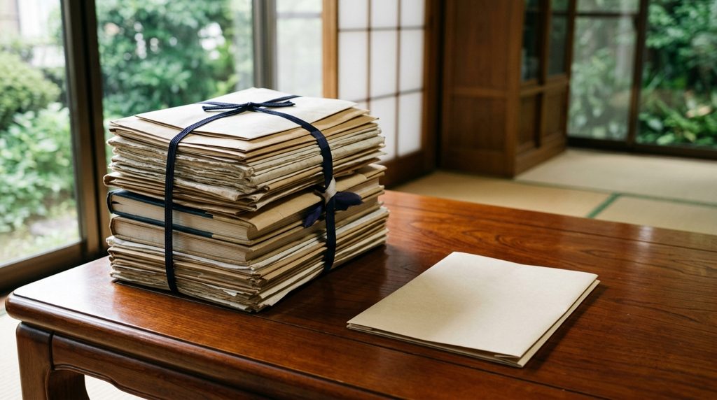戸籍書類の束と、一枚にまとまった書類