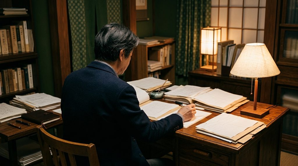 多くの書類が広がる机に向かう人物の背中