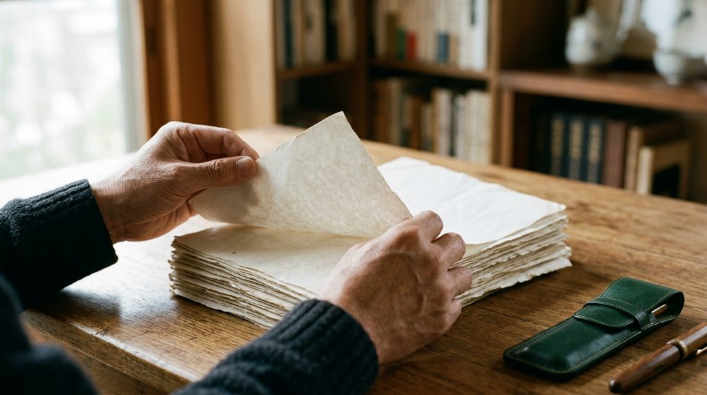 自宅の机で複数の書類を広げ、真剣に確認する人物の手元