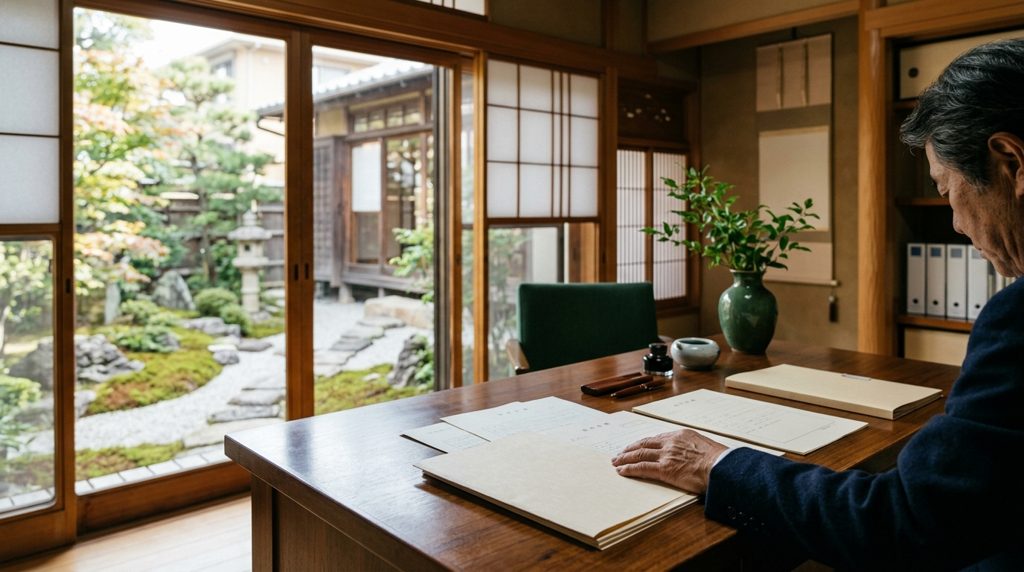 書斎のデスクで書類を前にした手元、窓の外の日本家屋の庭
