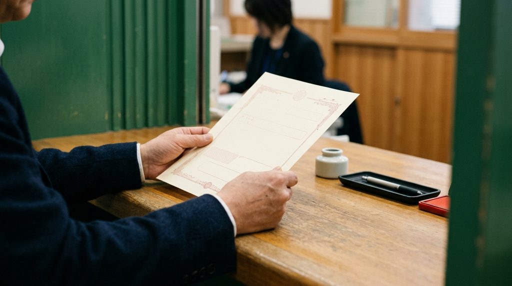 役所の窓口で受け取った書類と手元