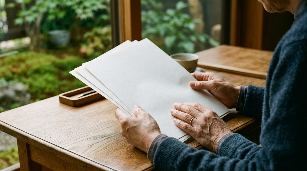 温かい木目の机で書類を読む人物の手元