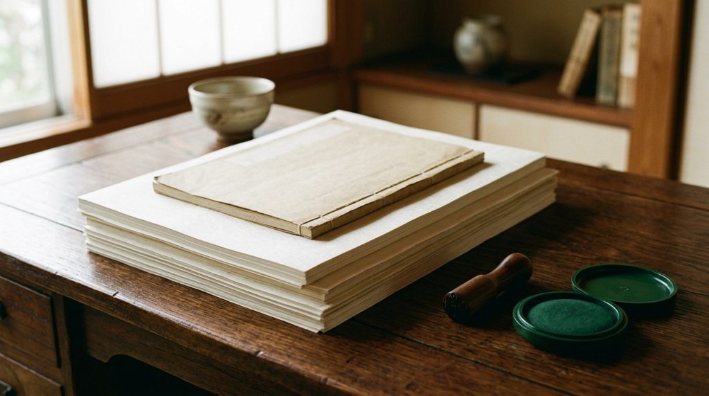 木製の机に積まれた書類と、横に置かれた印鑑と朱肉