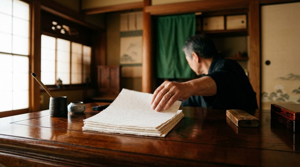 落ち着いた和室の机で、複数の書類を整理する人の手元