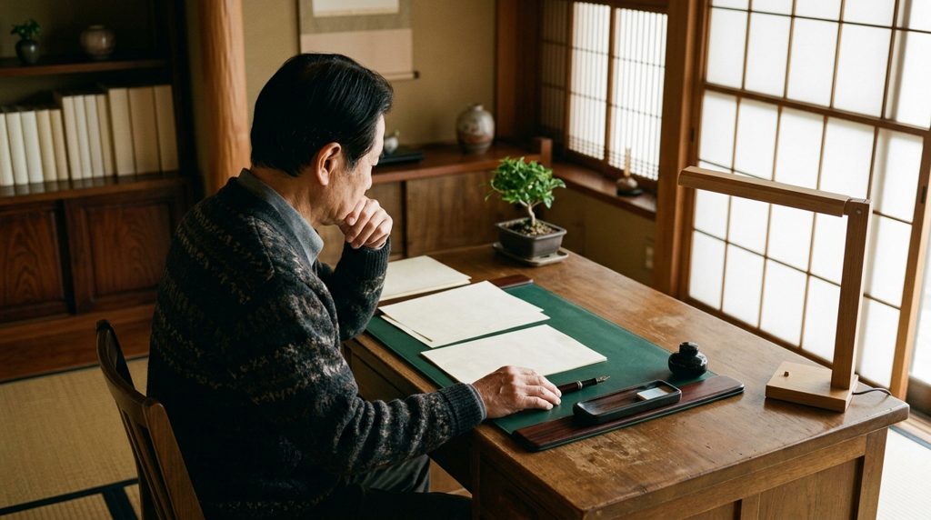 木製の机で書類を見つめる年配の人物