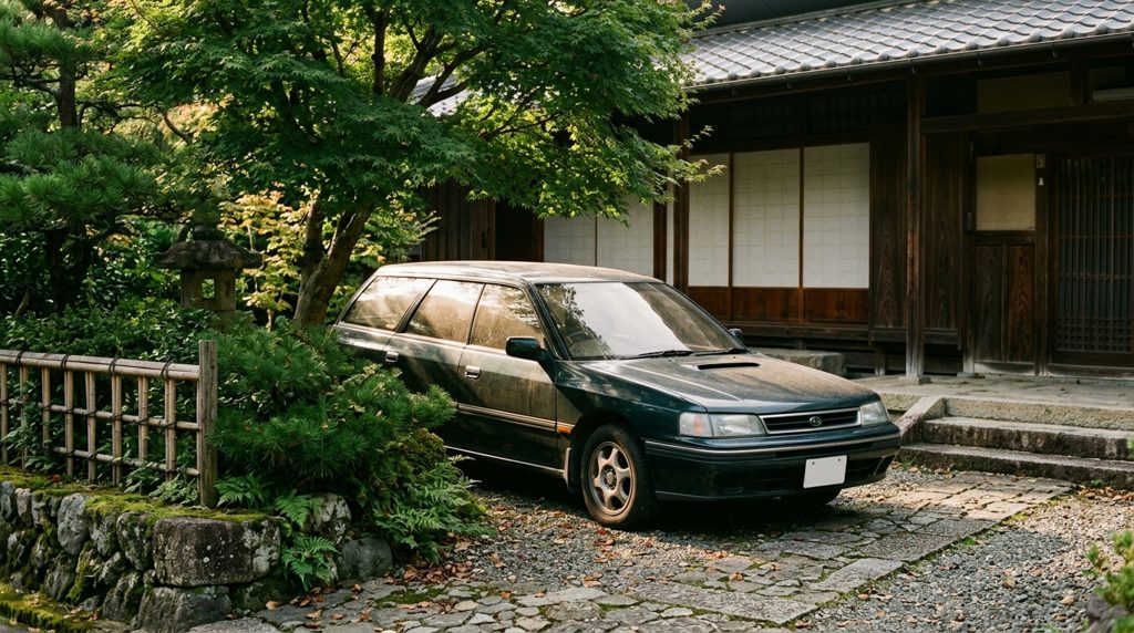 庭木に覆われた日本家屋の車