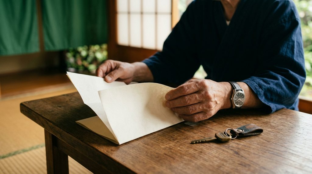 書類と車の鍵を見つめる手元