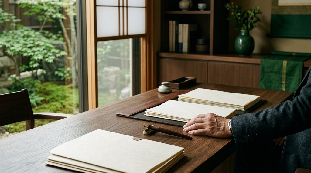 オフィスデスクで書類を見ながら相談する手元
