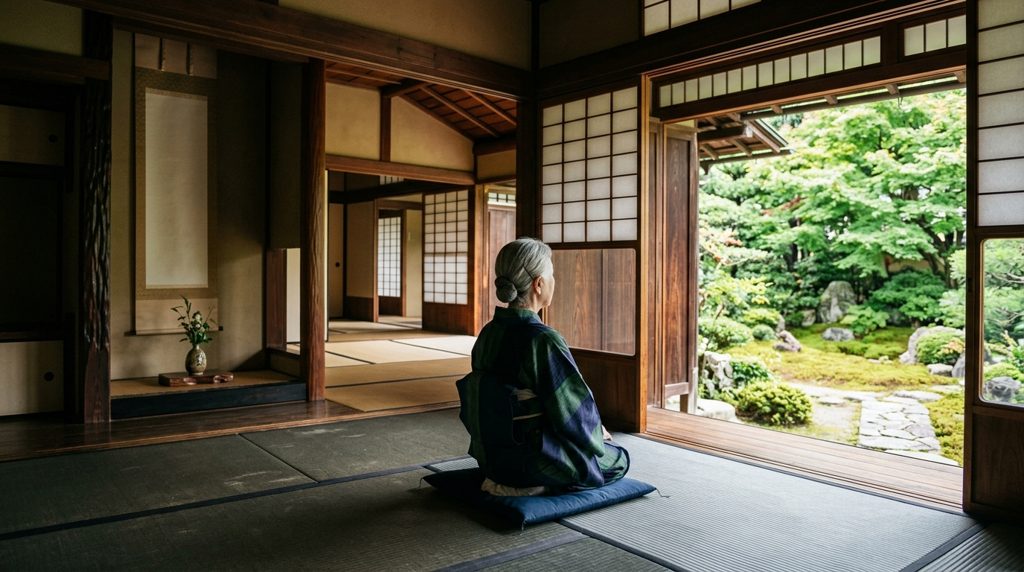 畳の部屋で庭を眺める後ろ姿の高齢者