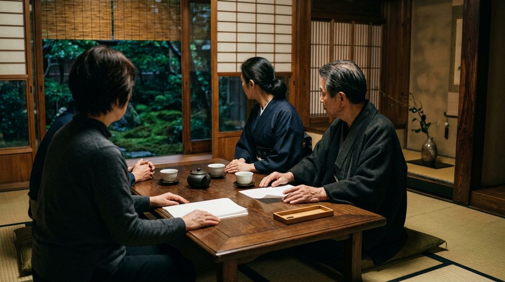 和室で談話する数人の姿