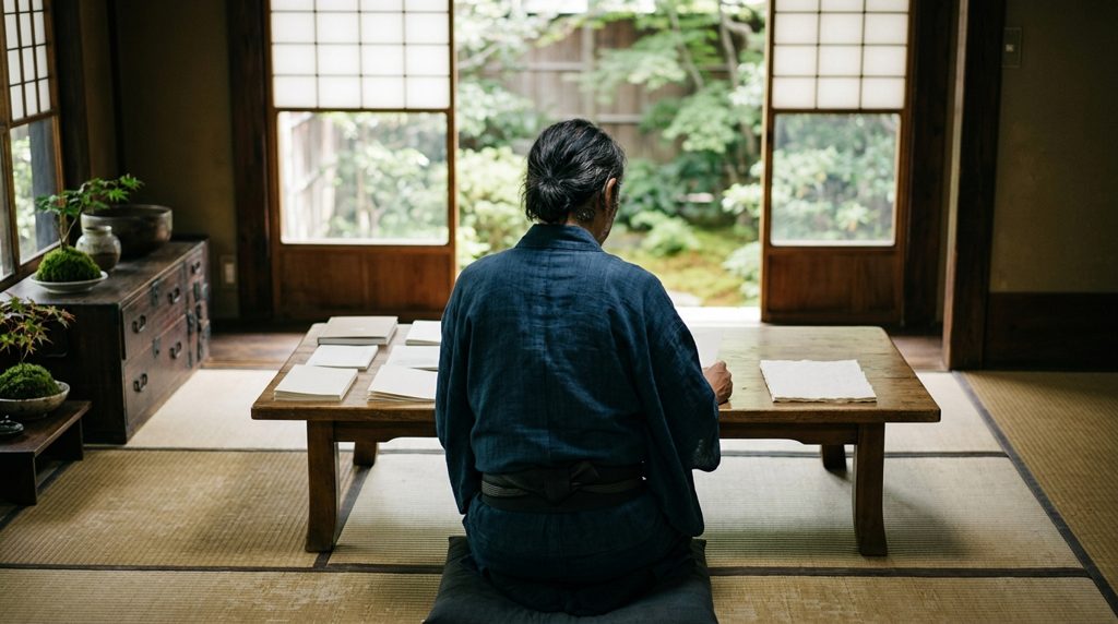畳の部屋で書類を見つめる人の後ろ姿