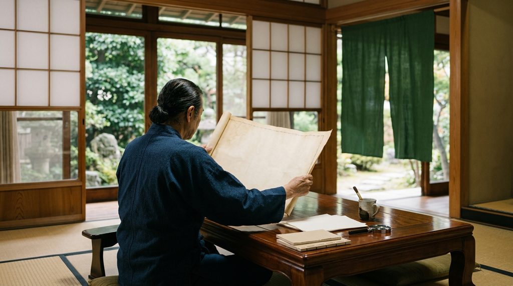 和室の机で地図を見つめる人の後姿。