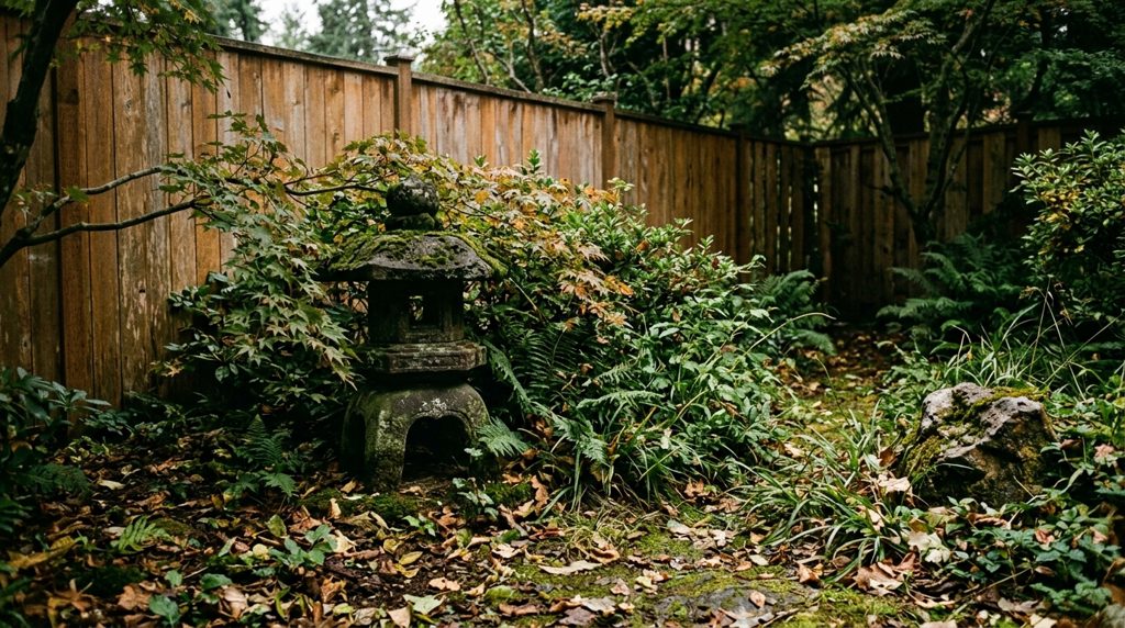 日本の古い家の庭の一角、手入れされていない植栽と石灯籠。
