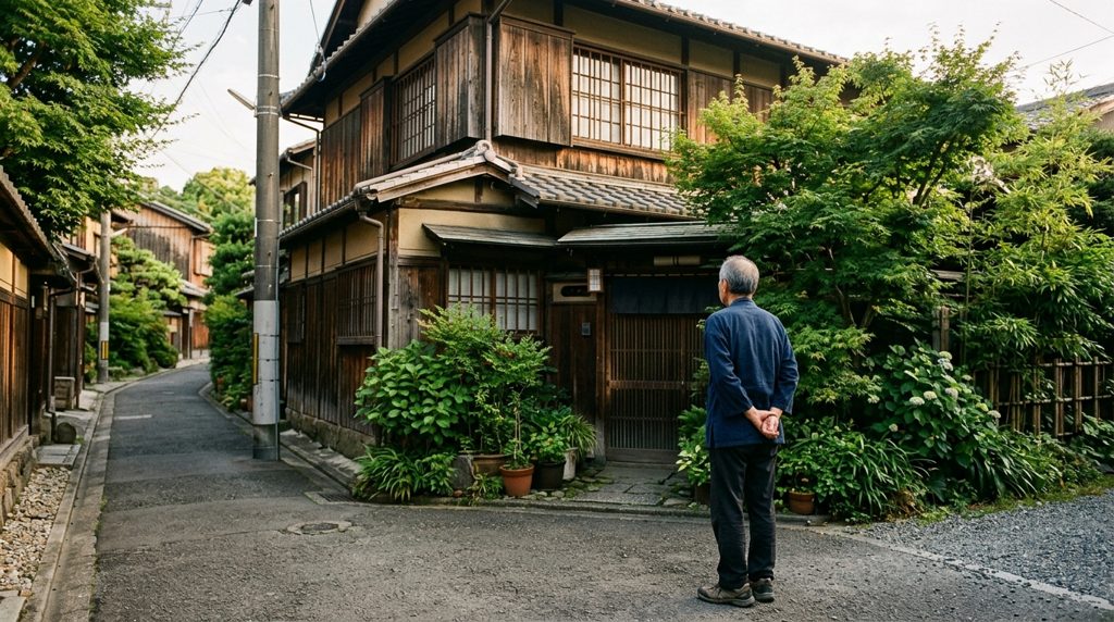 古い日本家屋を眺める人物の後ろ姿