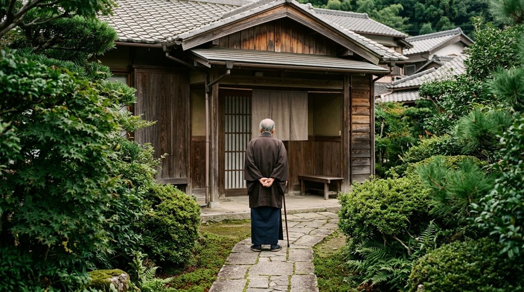 庭の小道を歩む人影と日本家屋の入り口