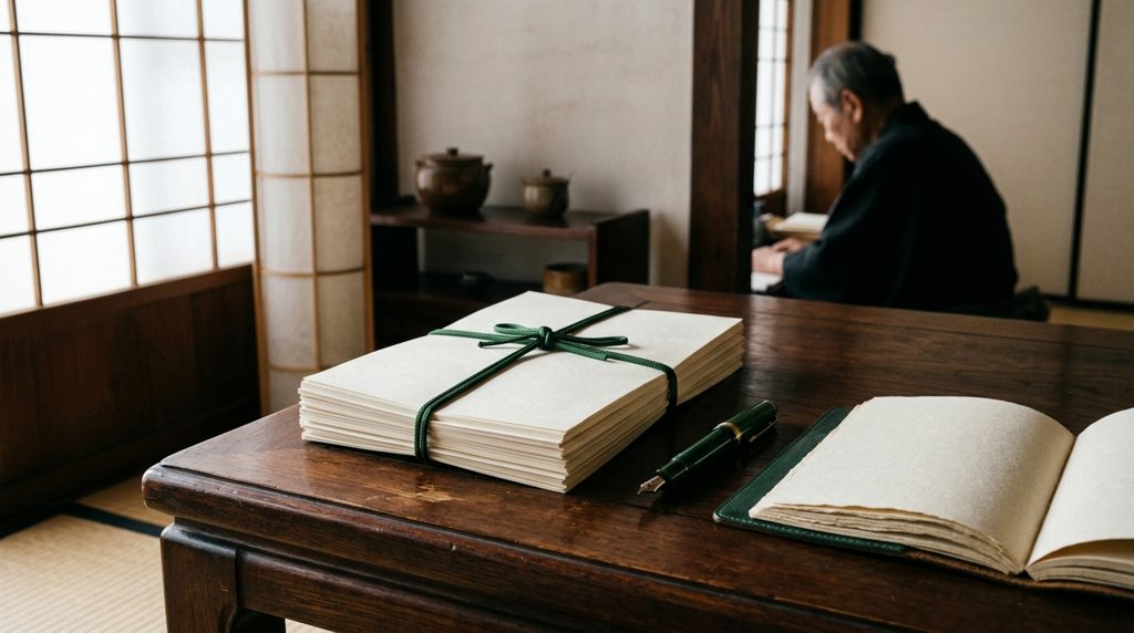 和室の書斎で、書類の束と万年筆が置かれた机