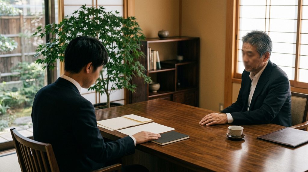 落ち着いた書斎で書類を見る二人の手元
