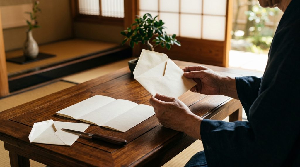 手元にある封筒と書類が置かれた木の机