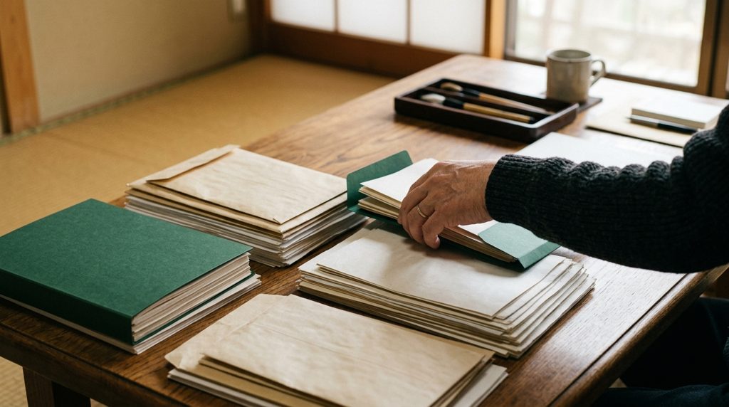 複数の書類を整理する手元