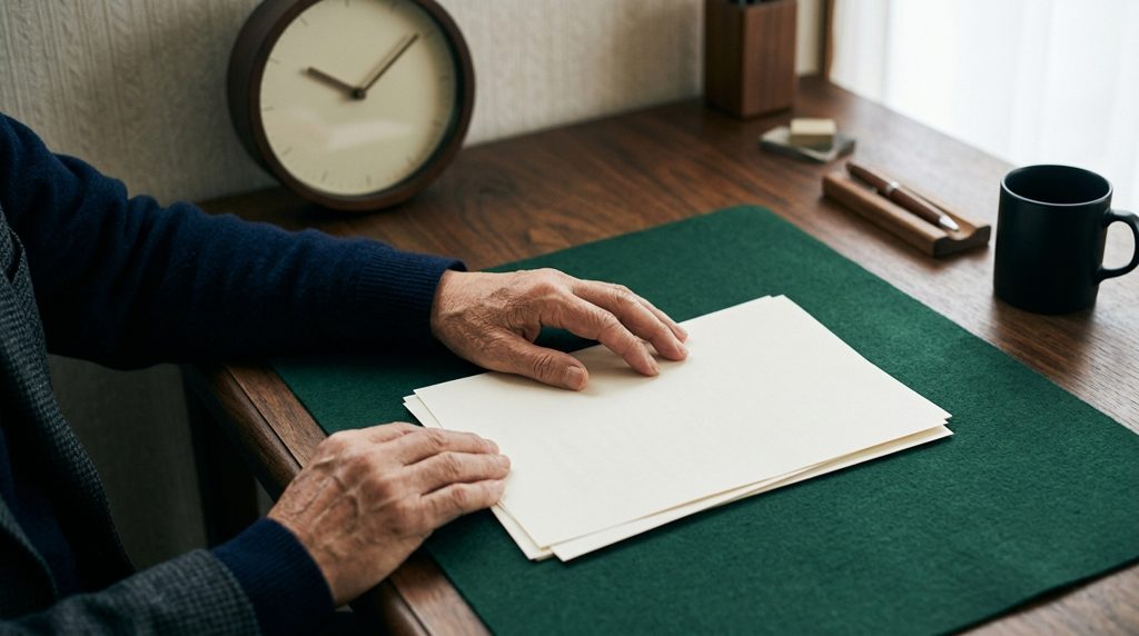 書斎の机に置かれた書類と手元、壁掛け時計
