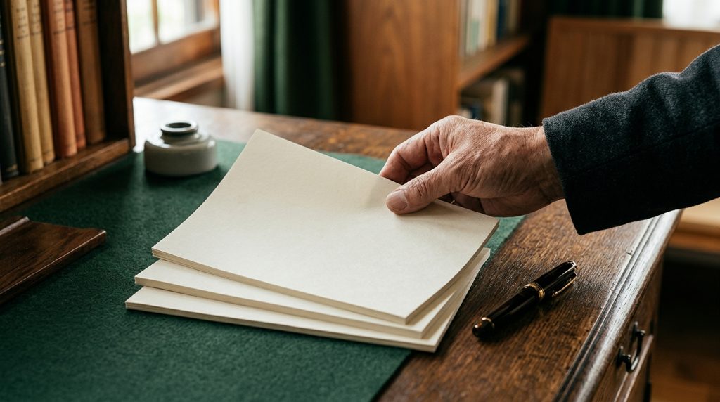 木の机に置かれた書類とペンを整える手元の様子