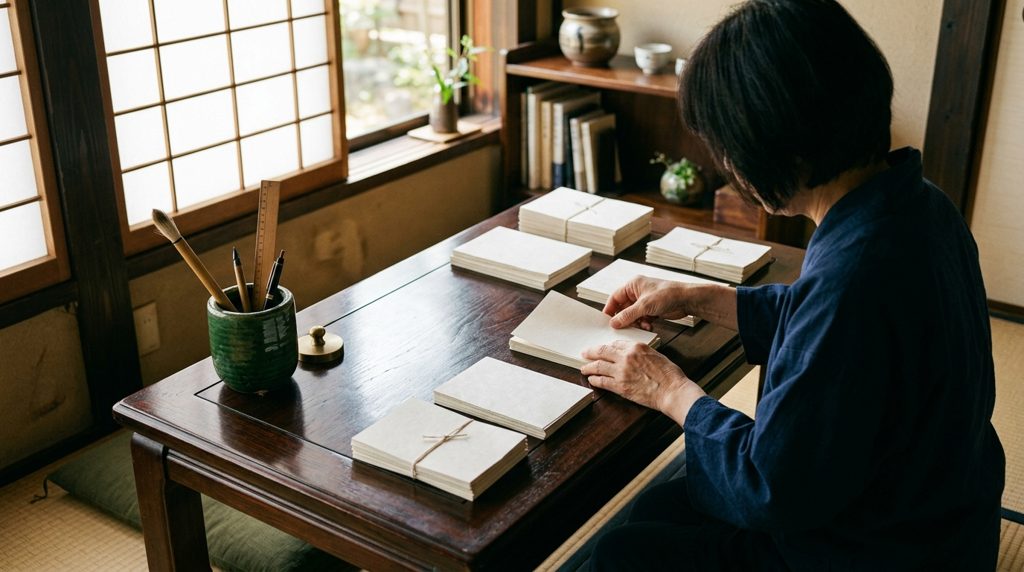 暗い木製の机で書類を整理する手のアップ