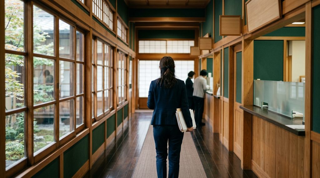 日本の官公庁か専門事務所の廊下で書類を持つ人の後ろ姿