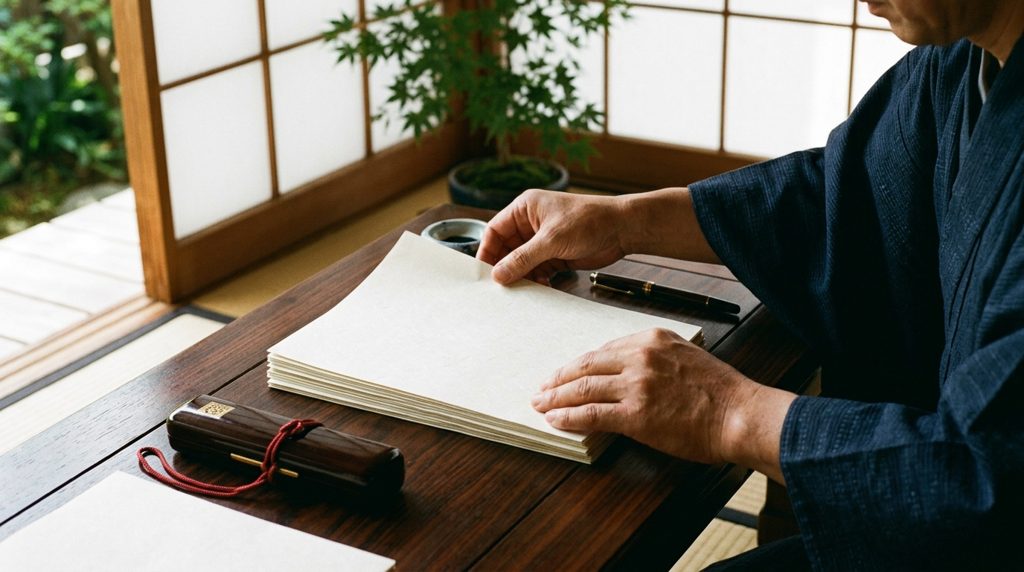 和室の机で書類を整理する人の手元