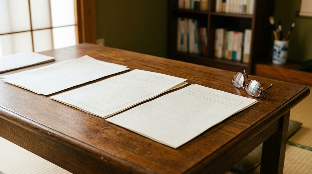 落ち着いた書斎の机に置かれた書類と老眼鏡