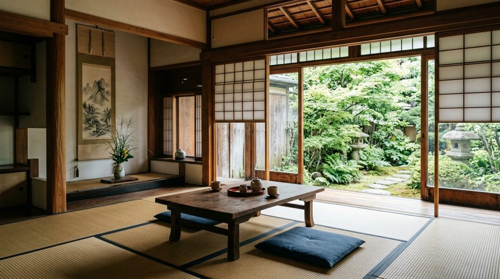畳の部屋に座布団が一つ置かれ、奥に日本庭園が見える風景。