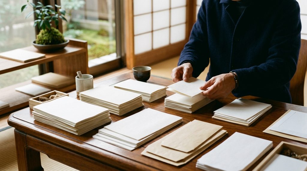 複数の書類と封筒を整理する手元の様子