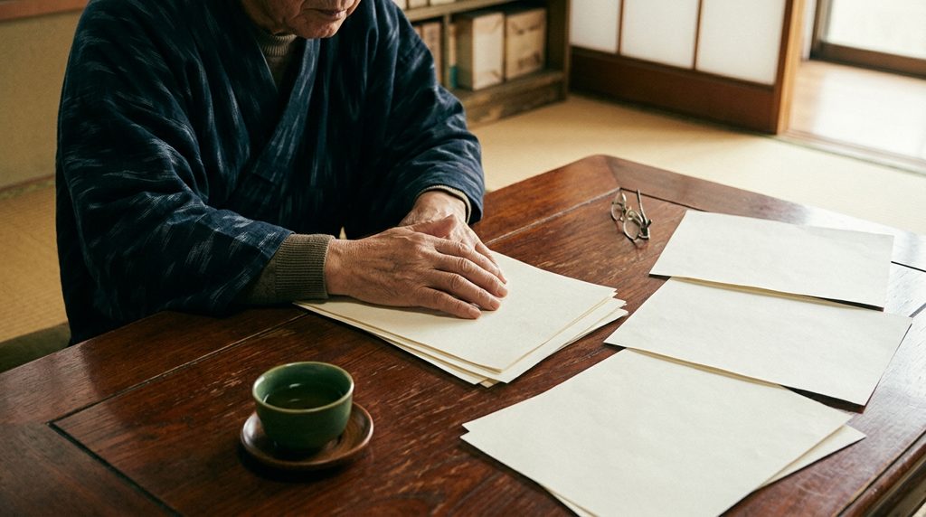 高齢者の手が書類に添えられた木製テーブル