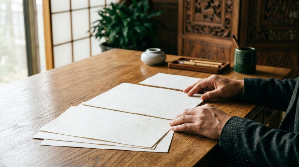 落ち着いた書斎で書類を見る人の手