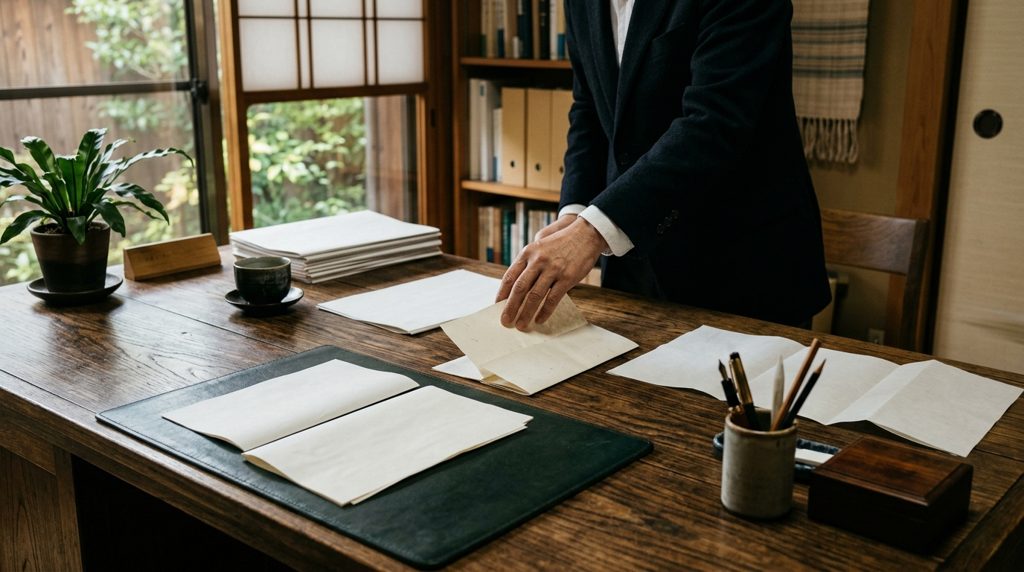 木製の机に並べられた複数の公的書類と、書類を整理する手元