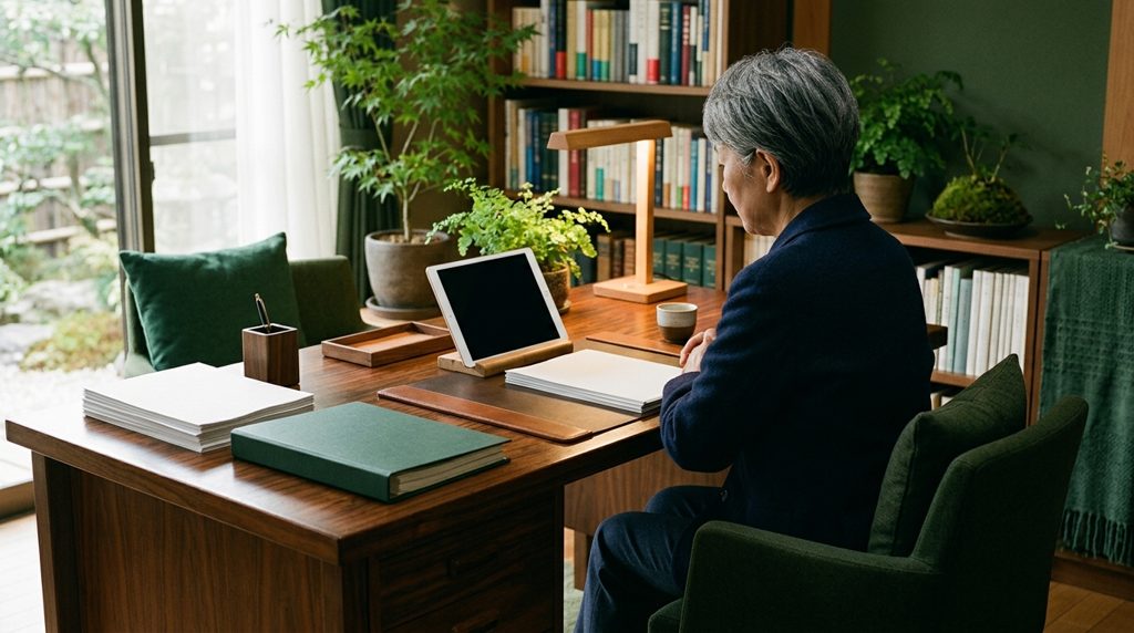 書斎の机で書類と画面を見る人物