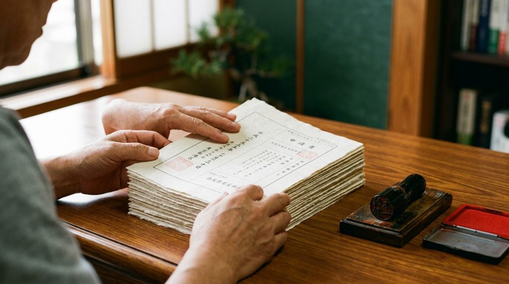 木製の机で書類を整理する手元