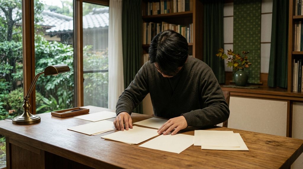 書類を並べて確認する人の後ろ姿